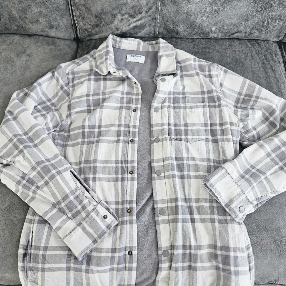 Old Navy Men's White and Gray Plaid Lightweight Shirt Jacket